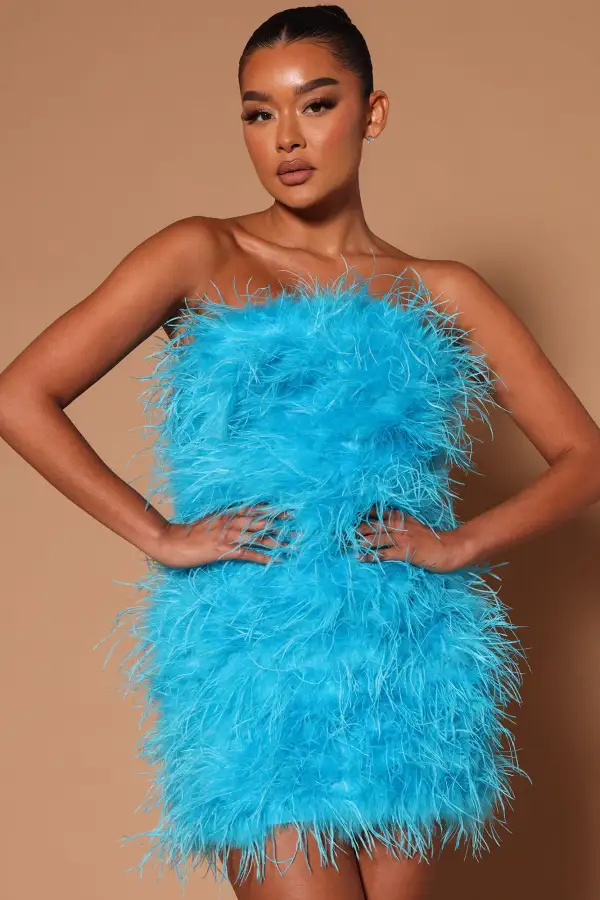 Hanna Feather Tube Mini Dress - Turquoise