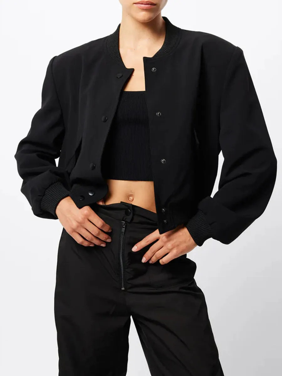 Black Cropped Button Front Bomber