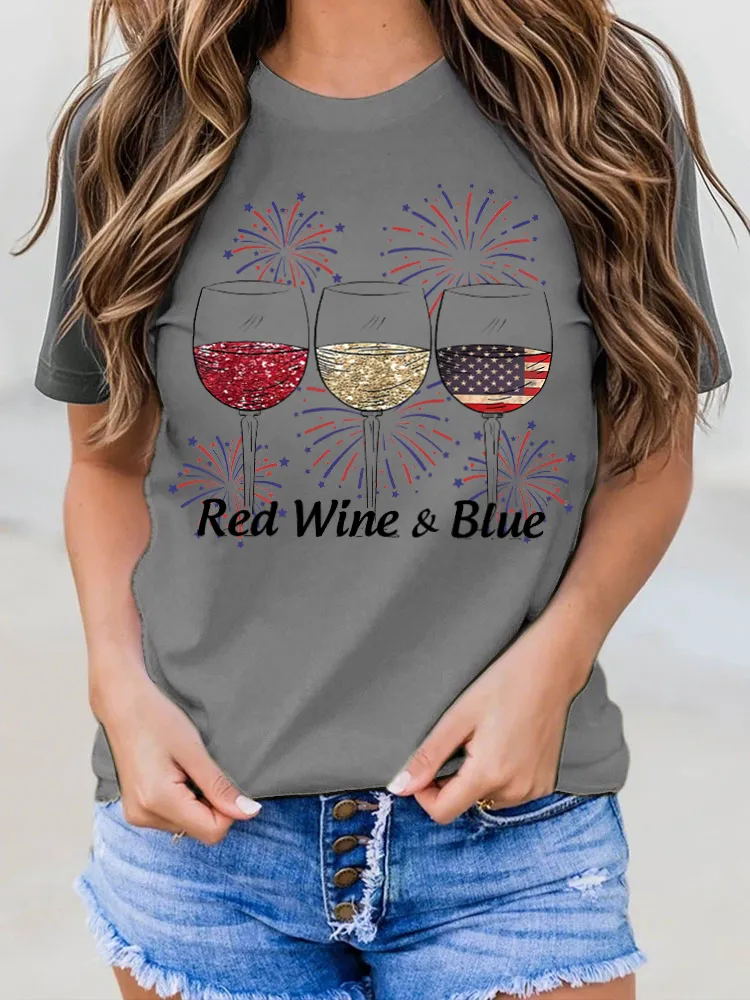 Red Wine Blue Print Round-Neck Short-Sleeved T-Shirt