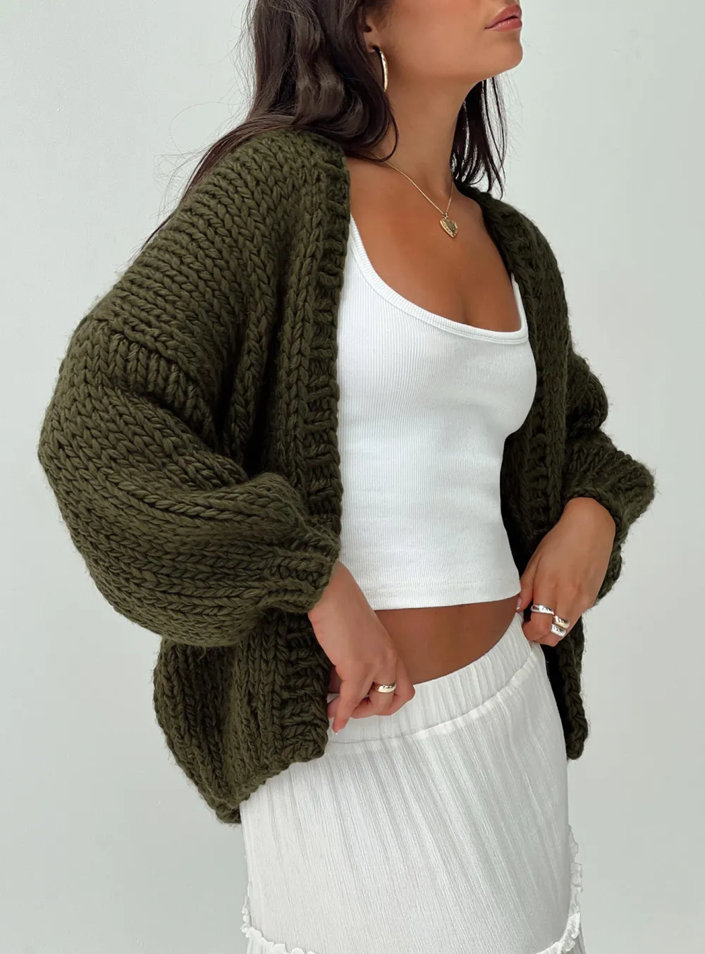 Balloon Sleeves Knit Cardigan Olive