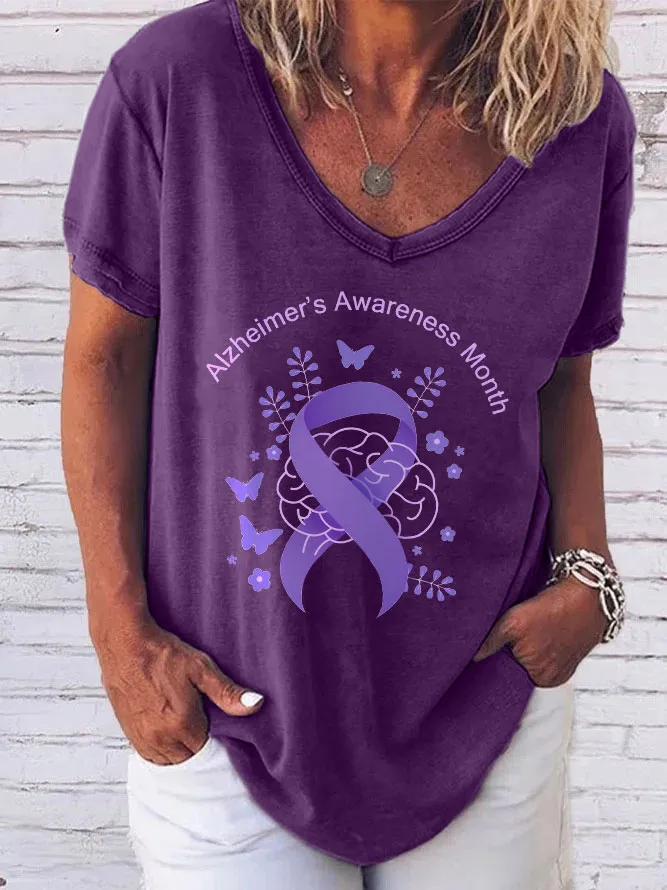 Women'S V-Neck Short-Sleeved T-Shirt Alzheimer'S Awareness Month Prints