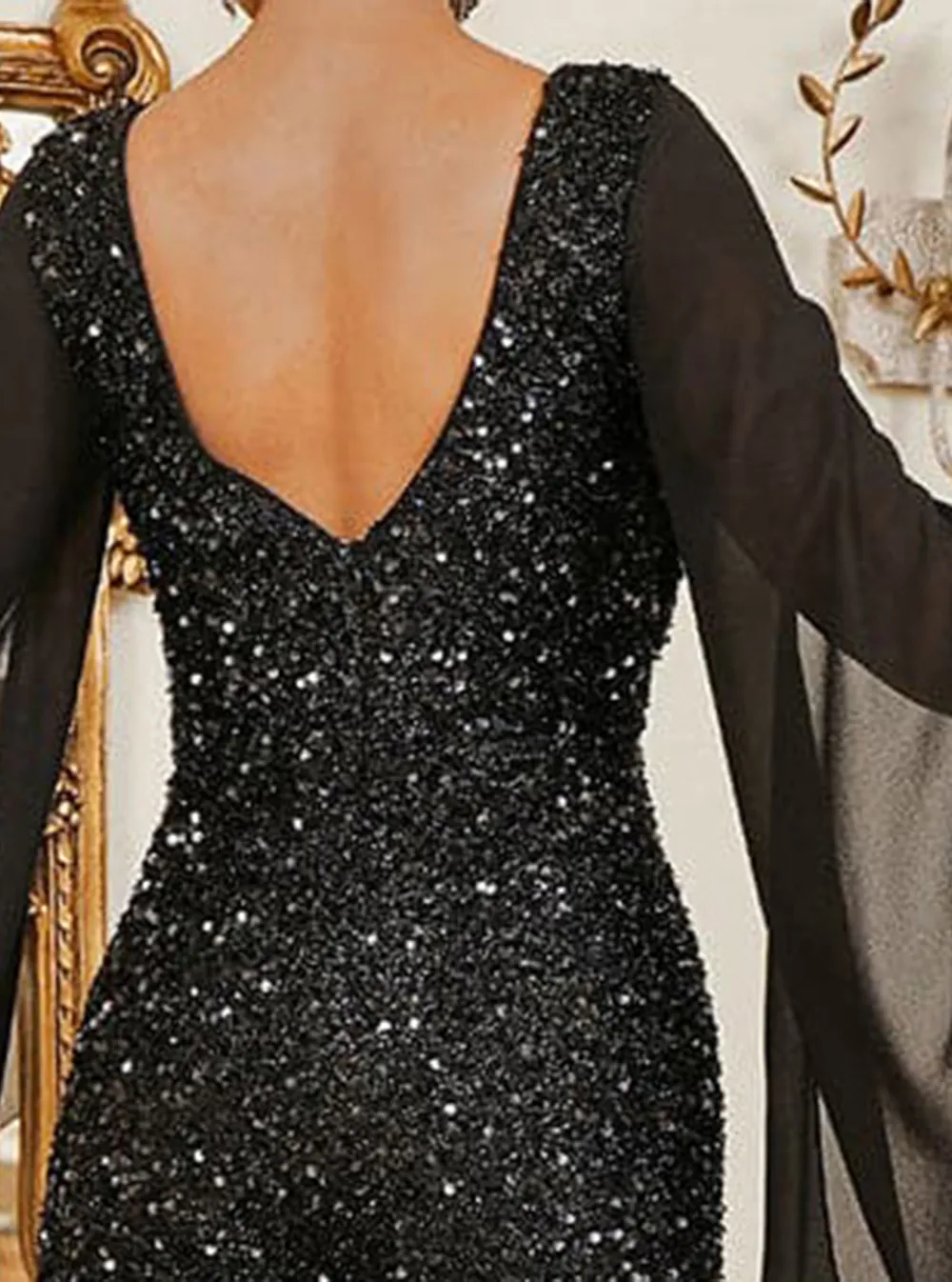 V-Neck Glitter Mesh Sleeve Jumpsuits
