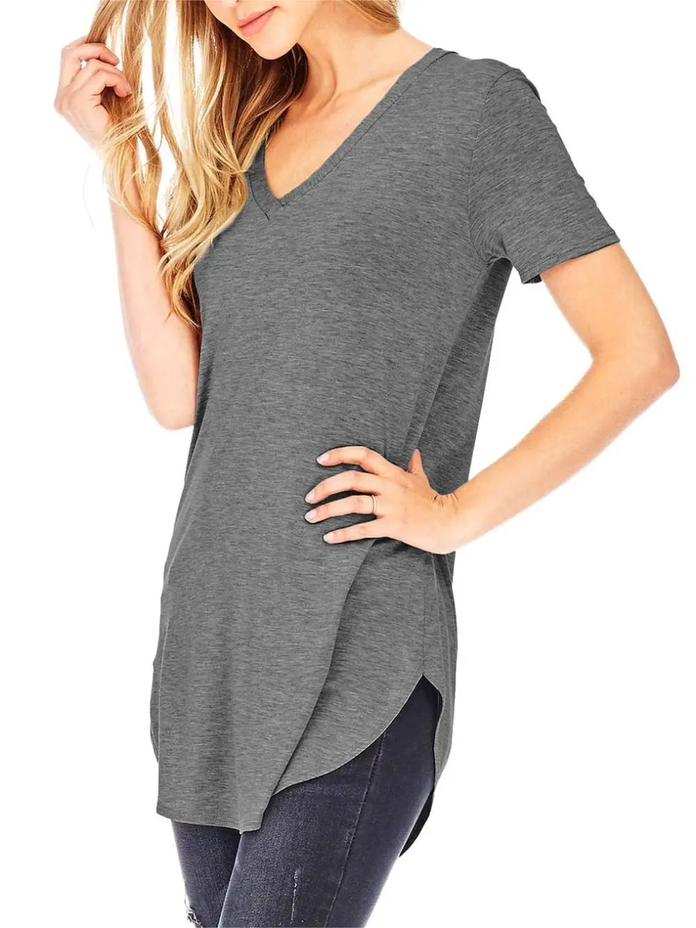 Burgundy Round - Hem V - Neck T - Shirt