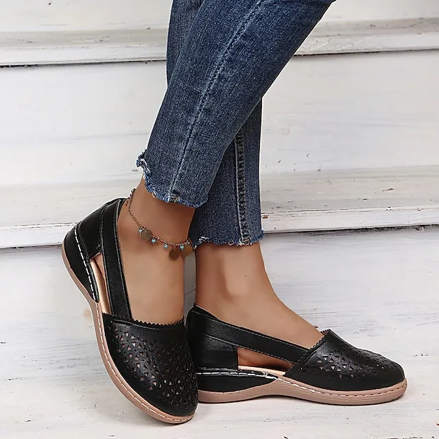 Women's Sandals Wedge Sandals Comfort Shoes Plus Size Outdoor Work Daily Summer Hollow Out Flat Heel Round Toe Classic Casual Minimalism Walking Shoes Faux Leather Loafer Solid Color Solid Colored