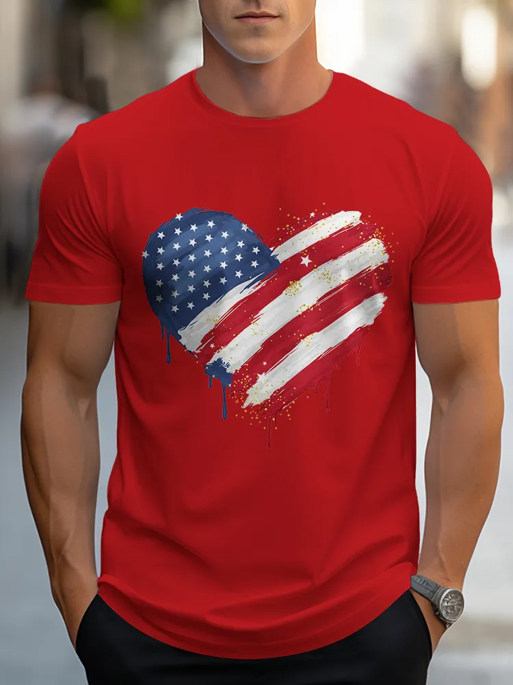 Man'S Star Stripe Heart Pattern Round-Neck Short-Sleeved T-Shirt