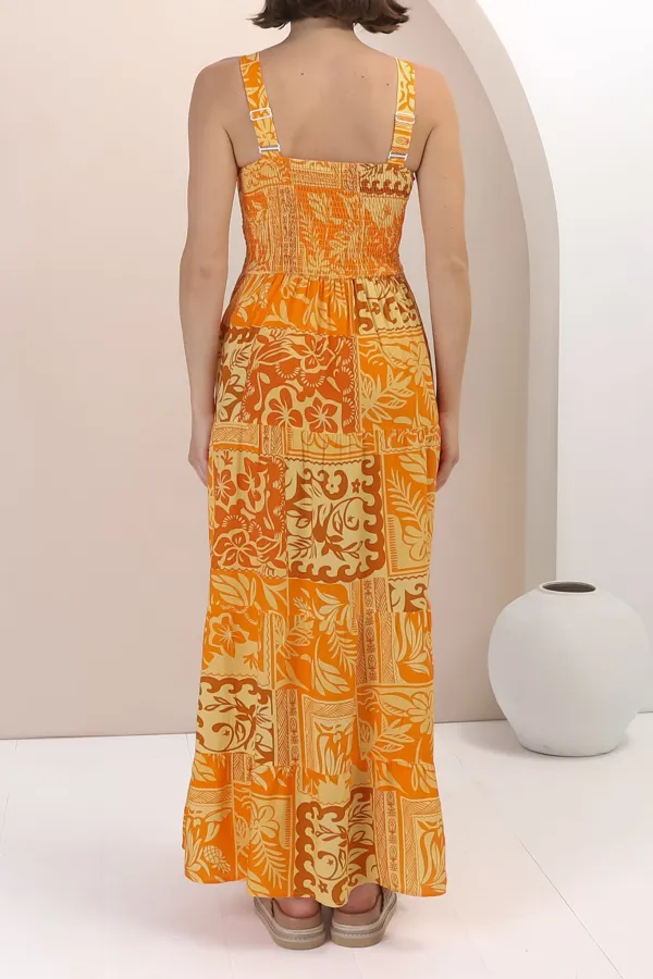 Yellow Patterned Strapless Maxi Dress