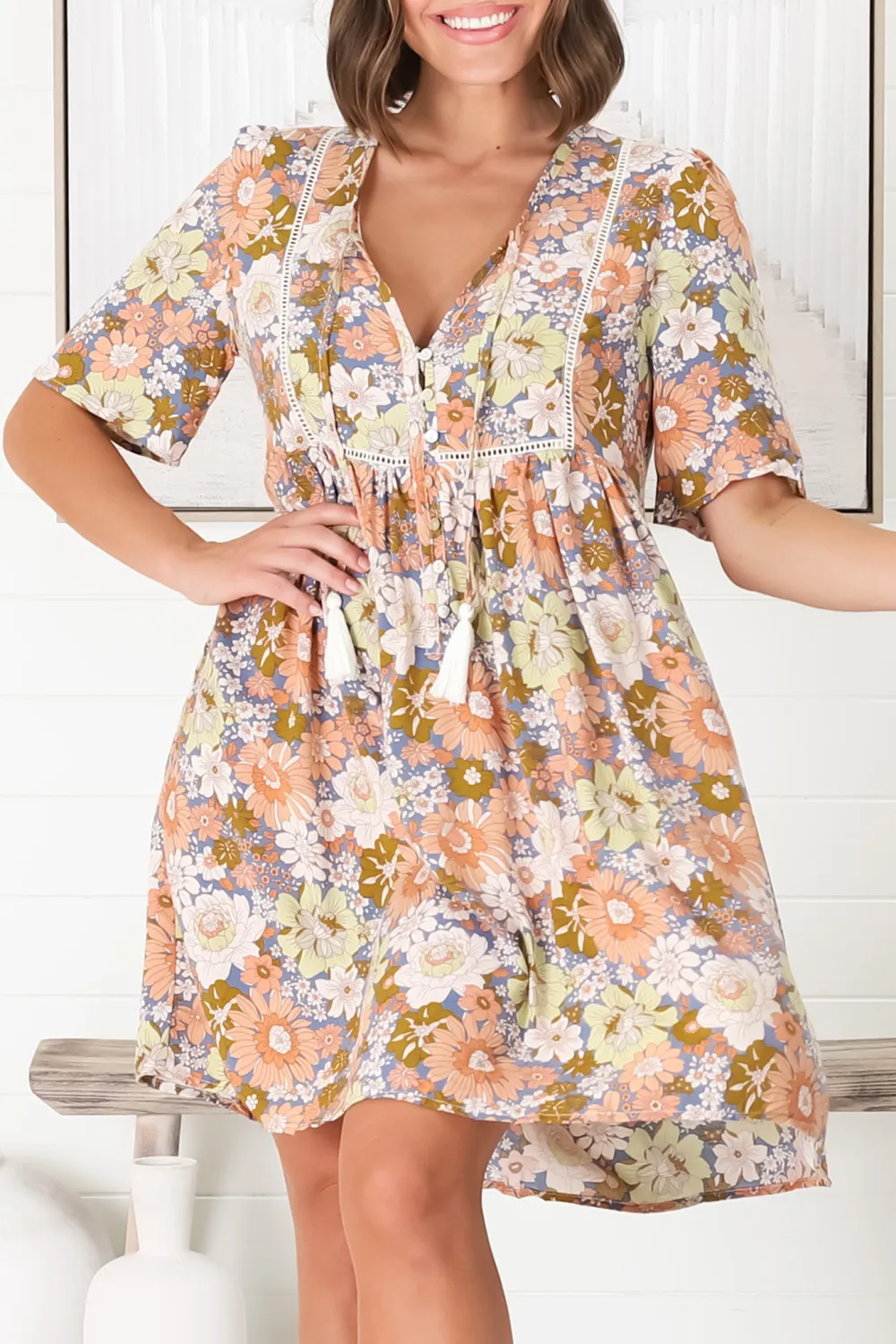 Colorful Floral Print V Neck Short Sleeve Dress
