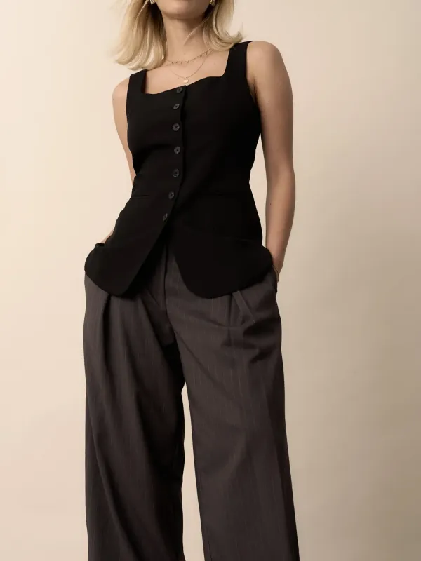 Black The Button Front Vest