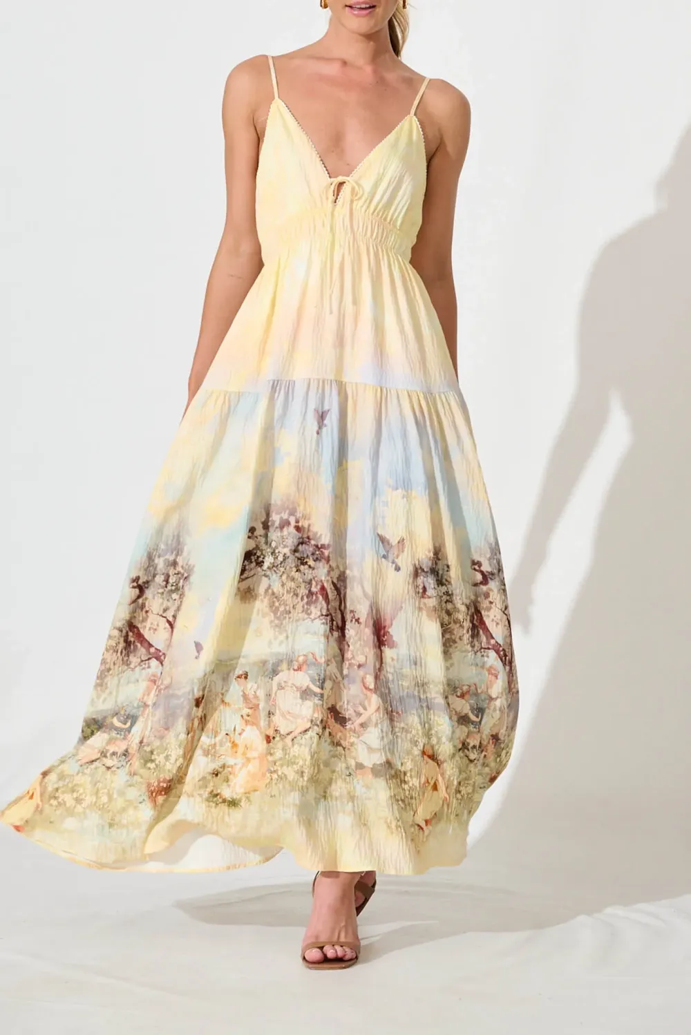Beige Printed Spaghetti Strap Maxi Dress