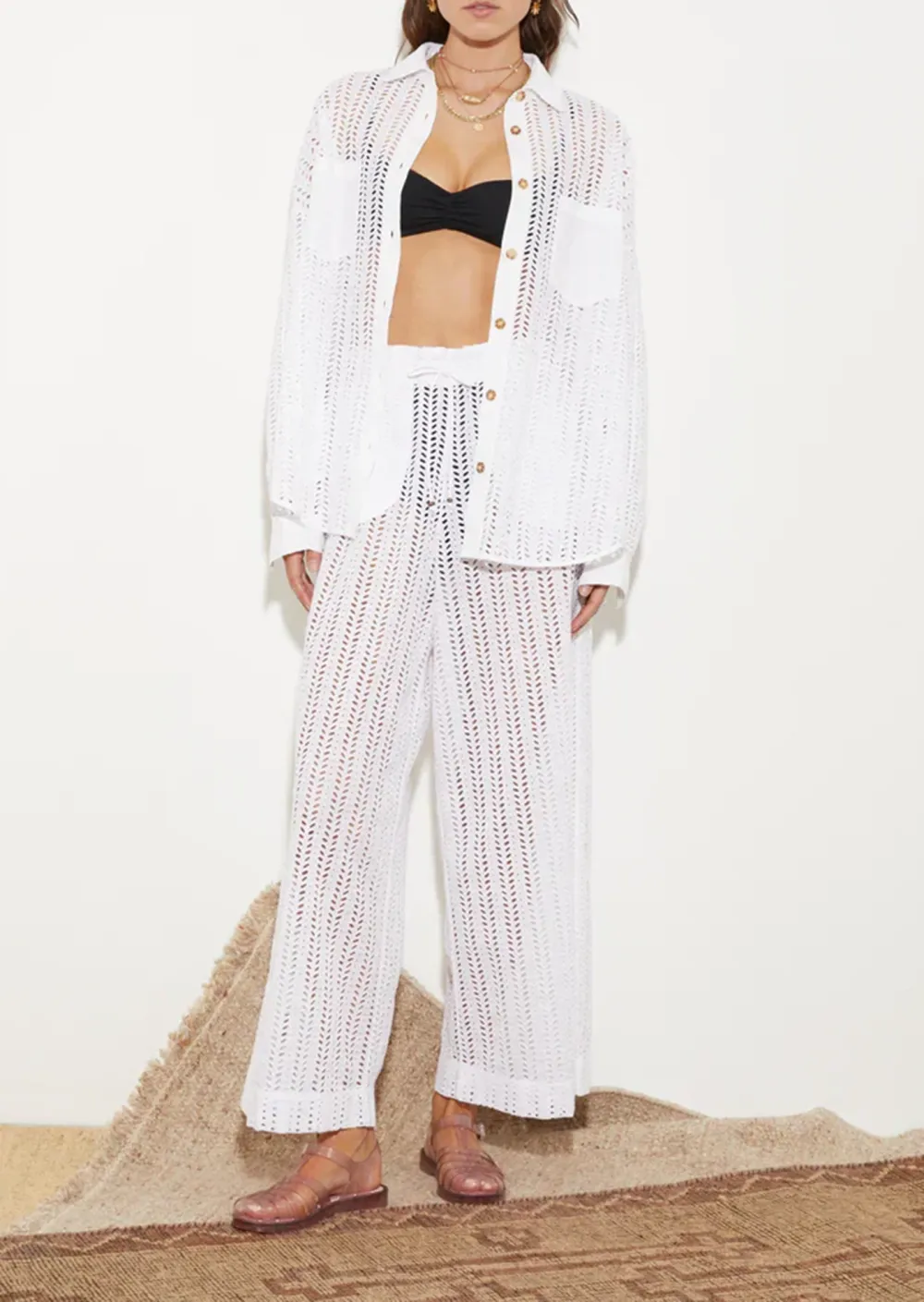 Crochet Knit Open Weave Wide Leg Pants
