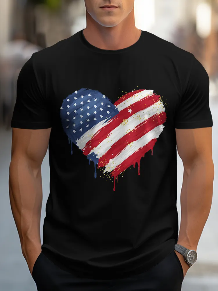 Man'S Star Stripe Heart Pattern Round-Neck Short-Sleeved T-Shirt
