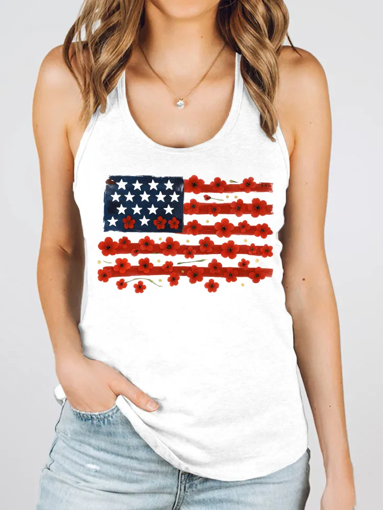 Women'S Flower Stars And Stripes Print Round-Necked Sleeveless Vest