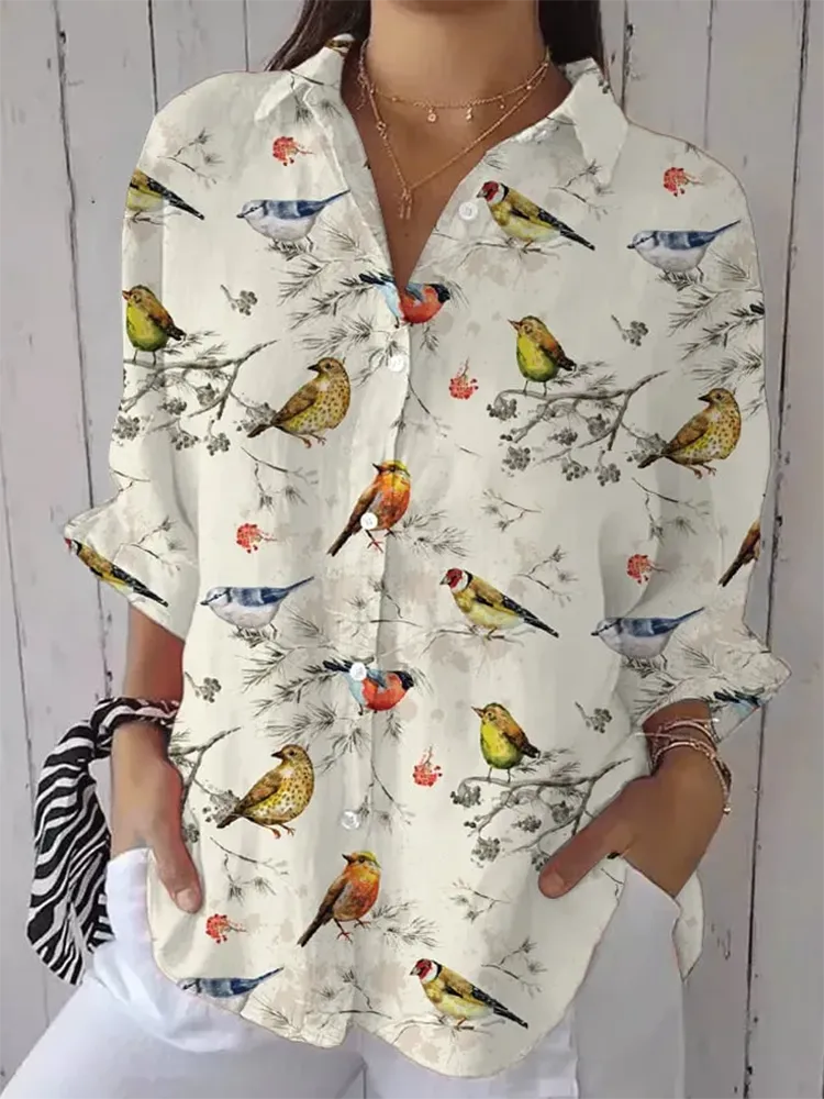 Women'S Long-Sleeved Lapel Shirt With Bird Print