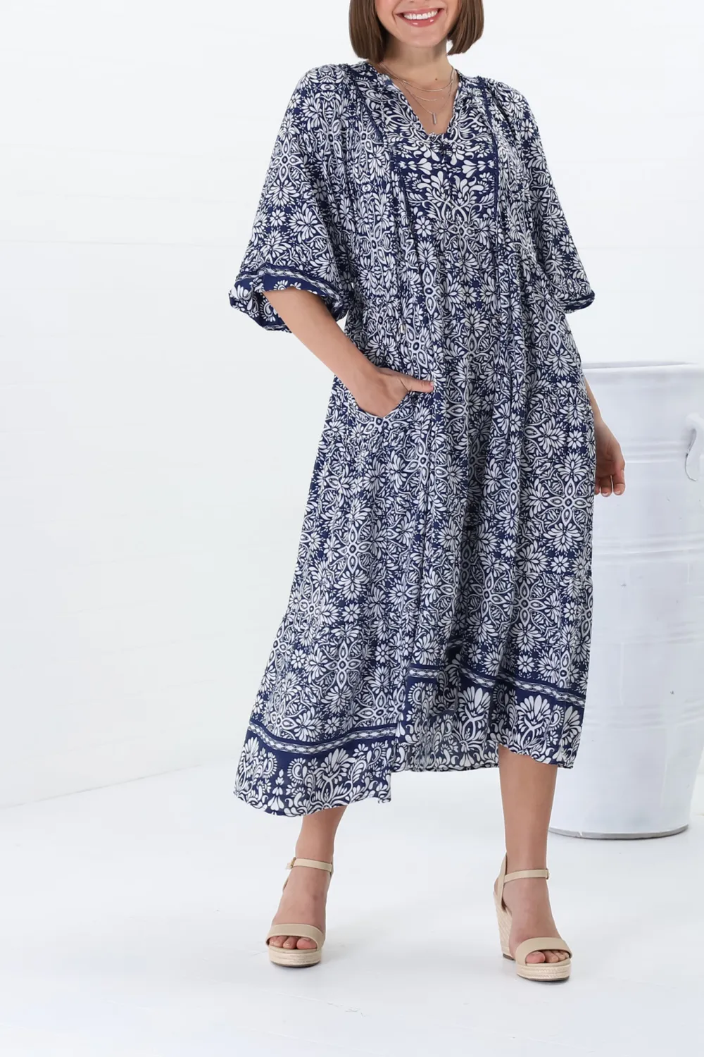 Blue Patterned Half Sleeve Midi Dress