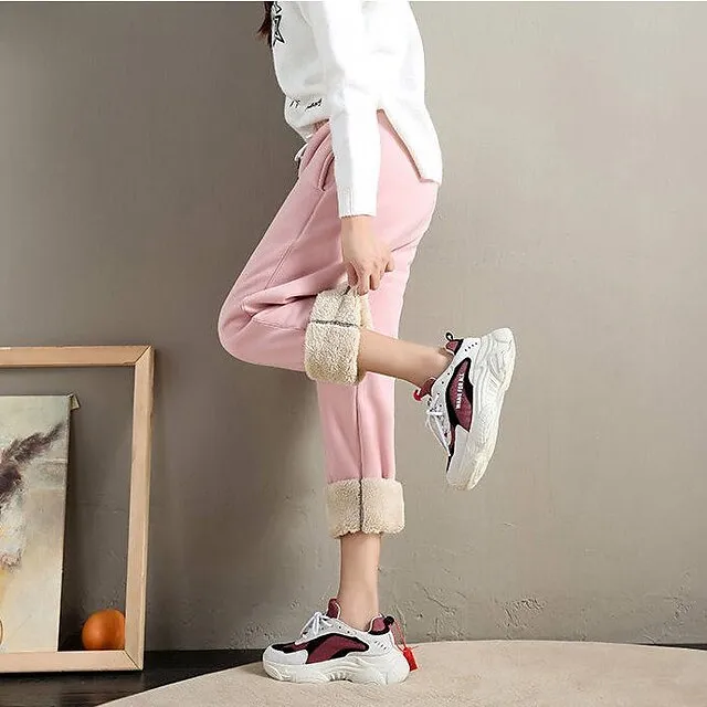 Women's Fleece Lined Sweatpants Joggers Black Pink Light Grey Solid Color Drawstring Daily Basic S Fall Winter