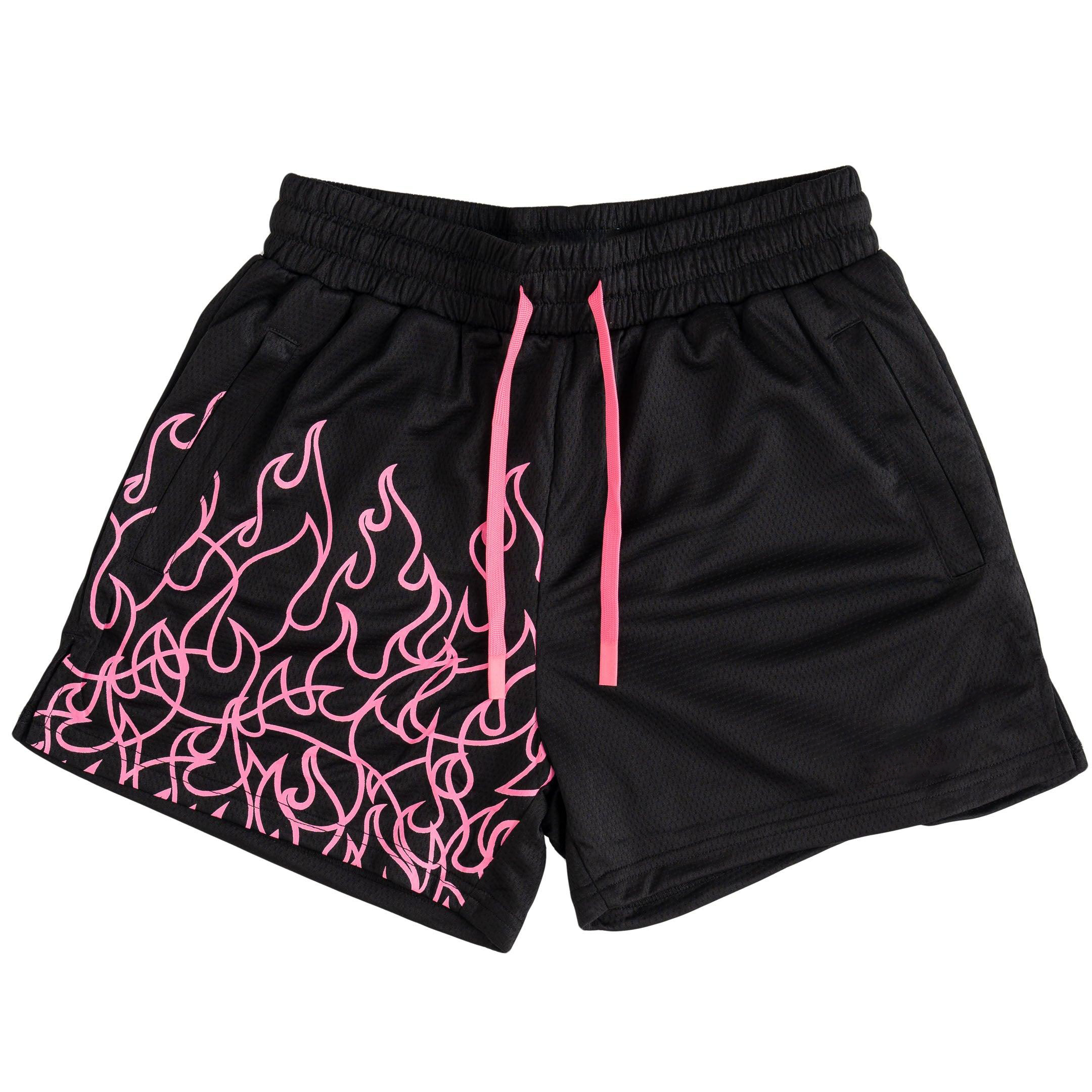 MUAY THAI FLAME SHORTS (MID THIGH CUT) - BLACK / PINK