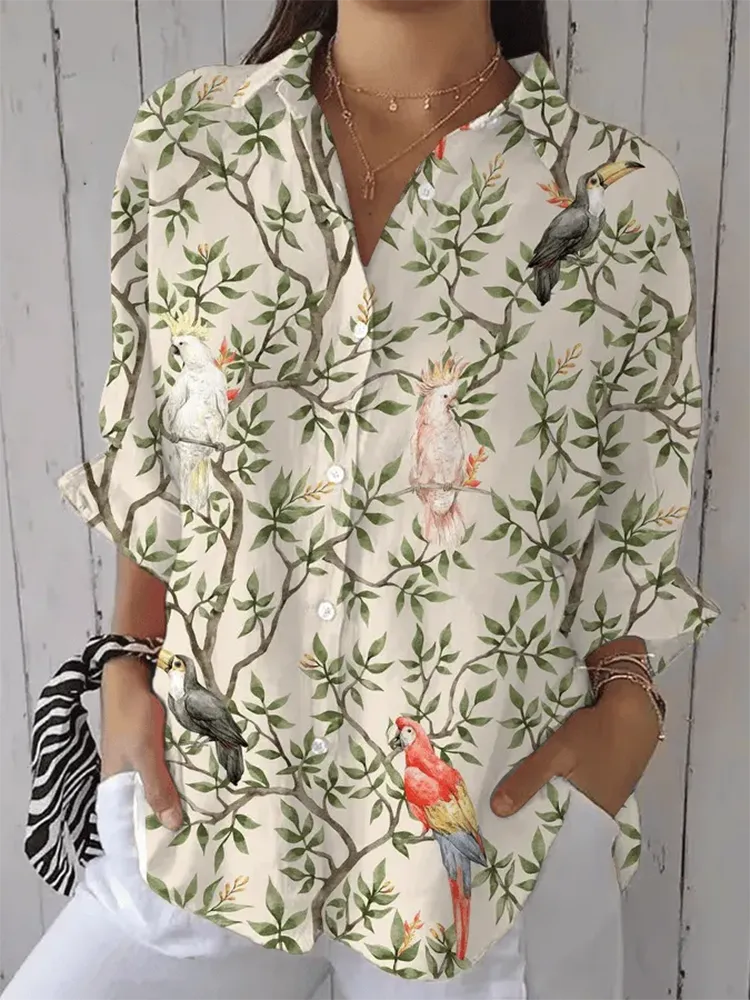 Women'S Forest Floral Parrot Print Casual Lapel Shirt