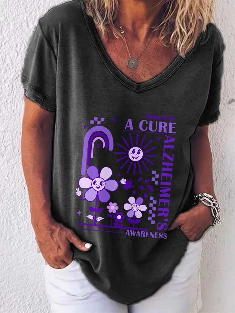 Women'S V-Neck Short-Sleeved T-Shirt Hope For A Cure Alzheimer'S Awareness Prints