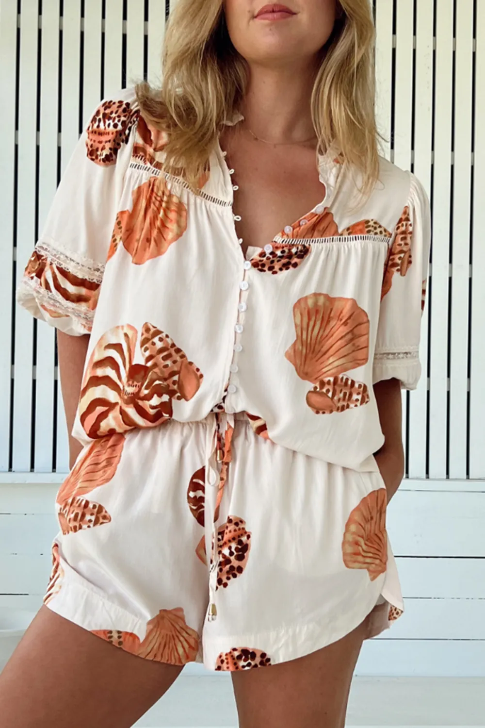 Cream Shell Print Short Sleeve V Neck Blouse