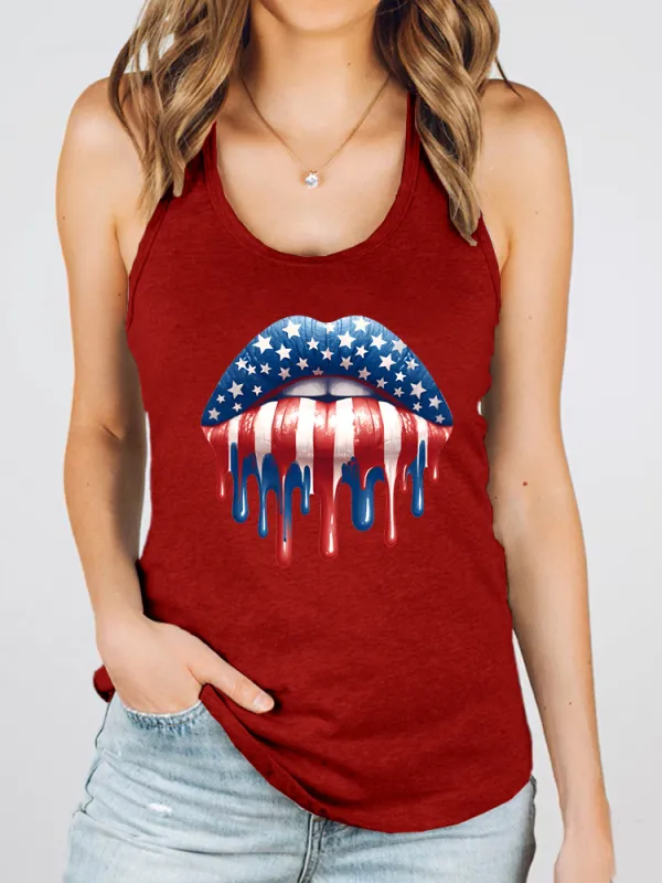 Women'S Star-Striped Lip Print Round-Necked Sleeveless Vest