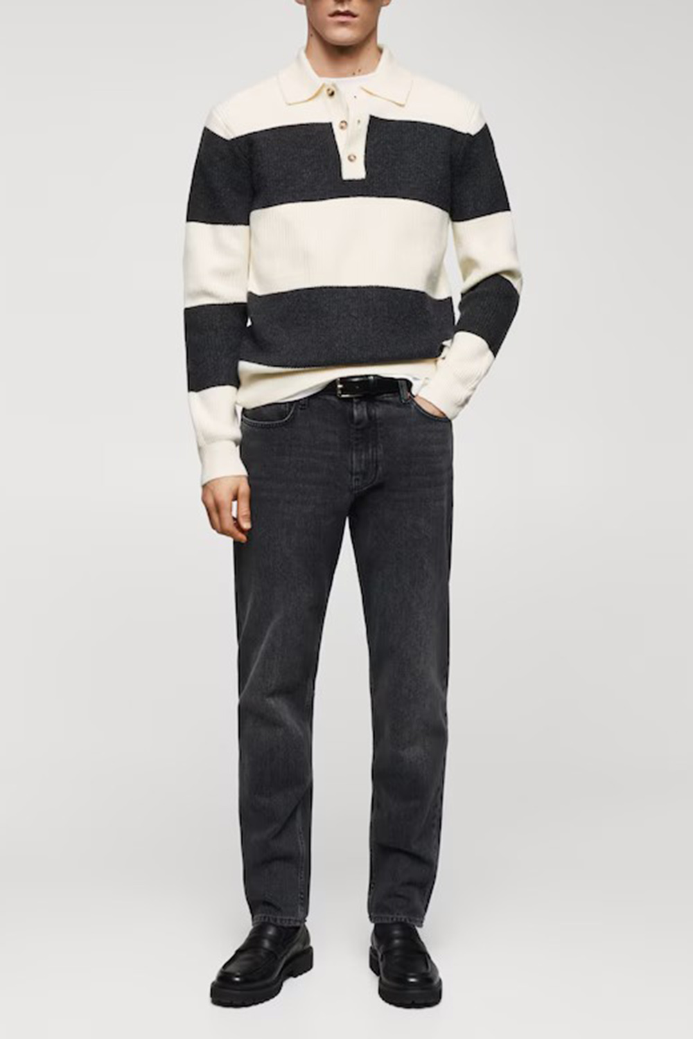 Ribbed Striped Knitted Polo Shirt