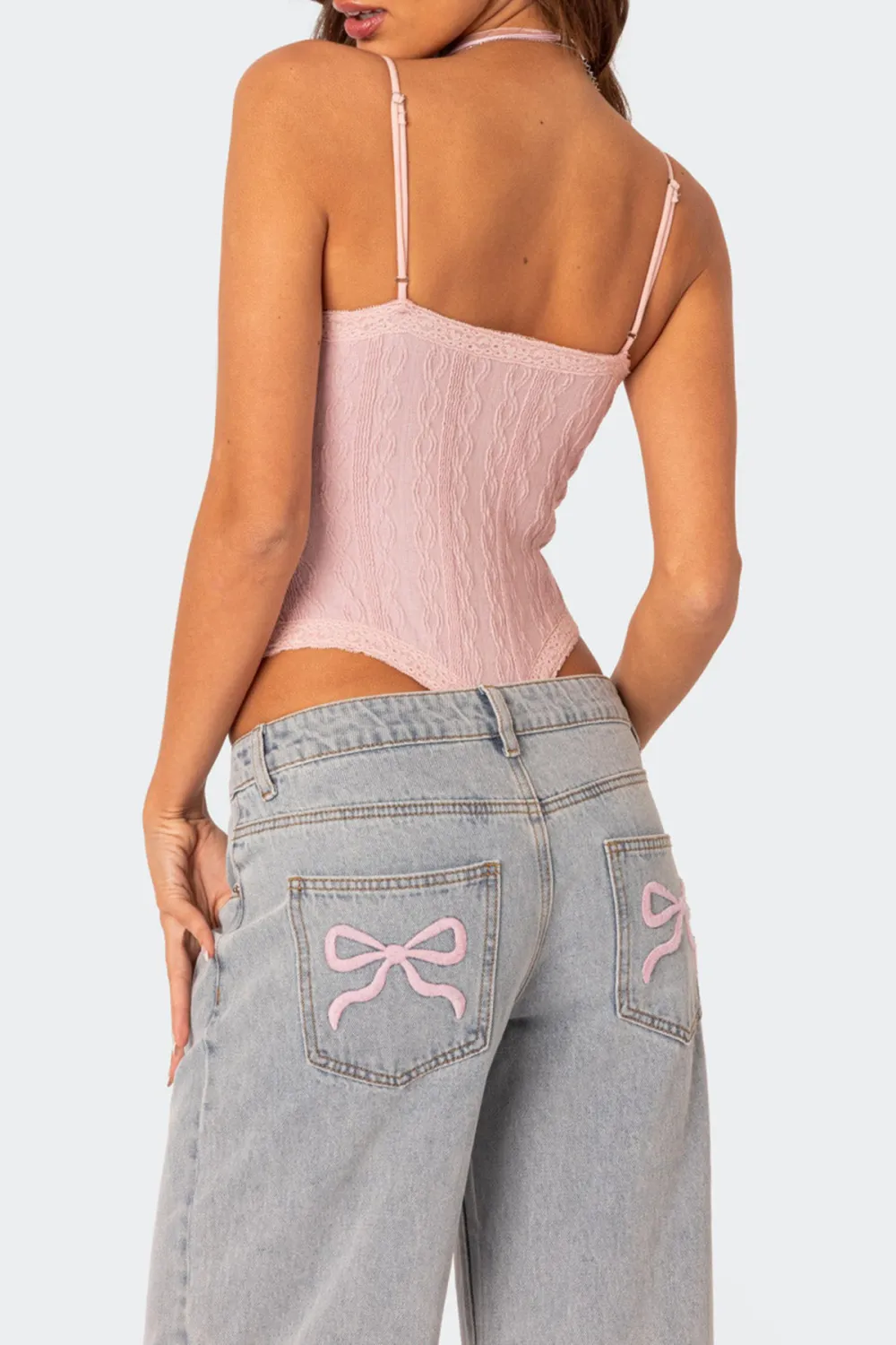 Navy Lacey Knit Cut Out Bodysuit