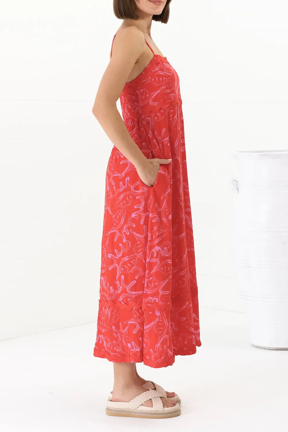Red Patterned Asymmetric Hem Midi Dress