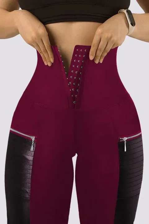 Contrast Panel Hook & Eye Zipper Detail Sports Leggings