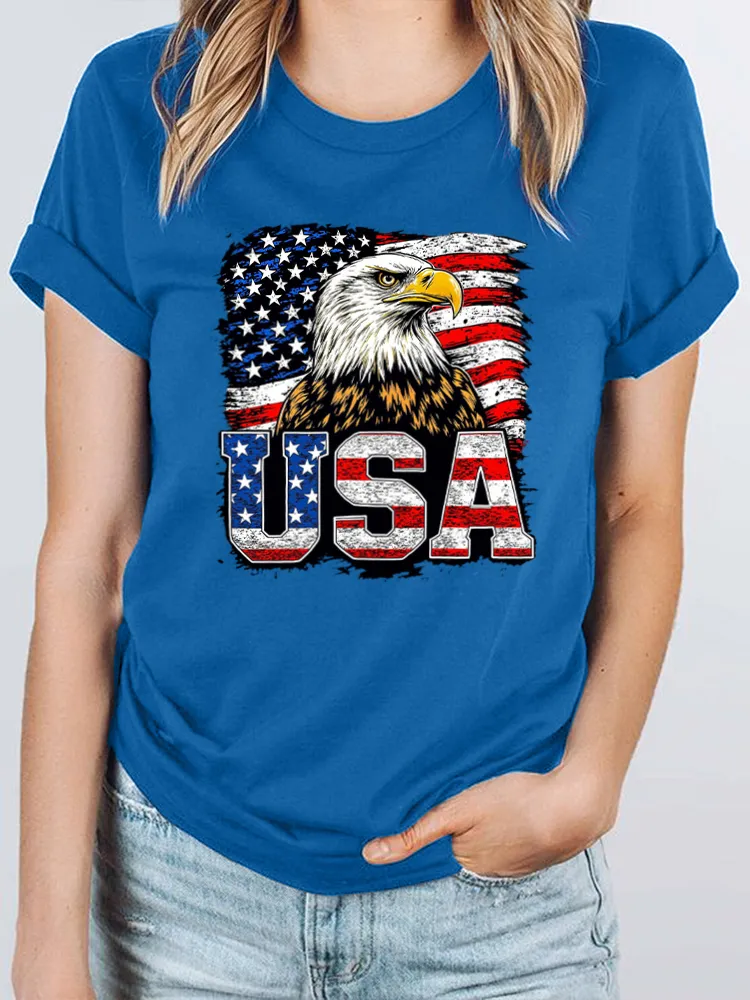 USA Print Round-Neck Short-Sleeved T-Shirt