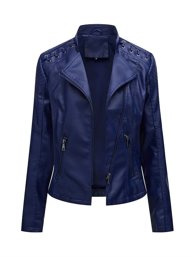 Women's  Faux Leather Jacket Moto Biker Jacket Fall Waterproof Windproof Coat Winter Zipper Lapel Modern Outerwear Long Sleeve Causal Vacation