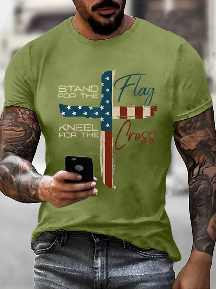 Man'S Stand For The Flag Kneel For The Cross Print Round-Neck Short-Sleeved T-Shirt