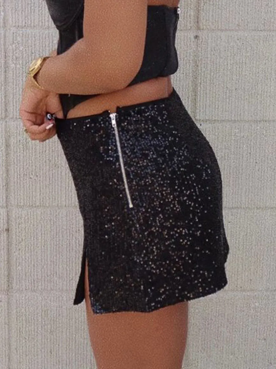 Black Sequin Short Slit Skirts