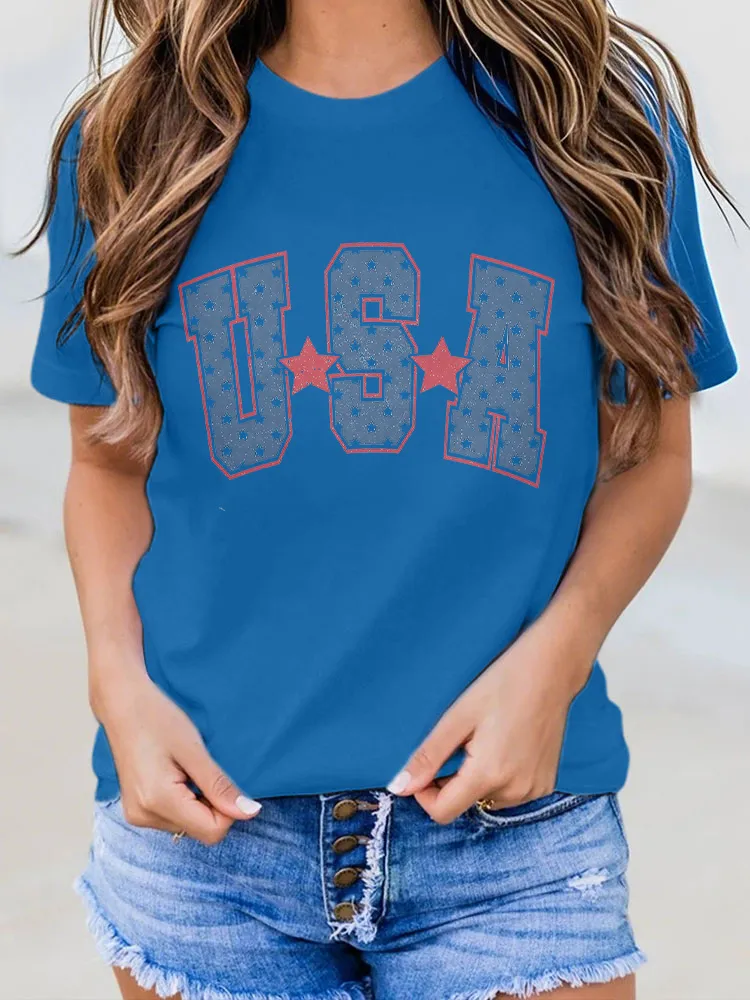 Woman'S USA Round-Neck Short-Sleeved T-Shirt
