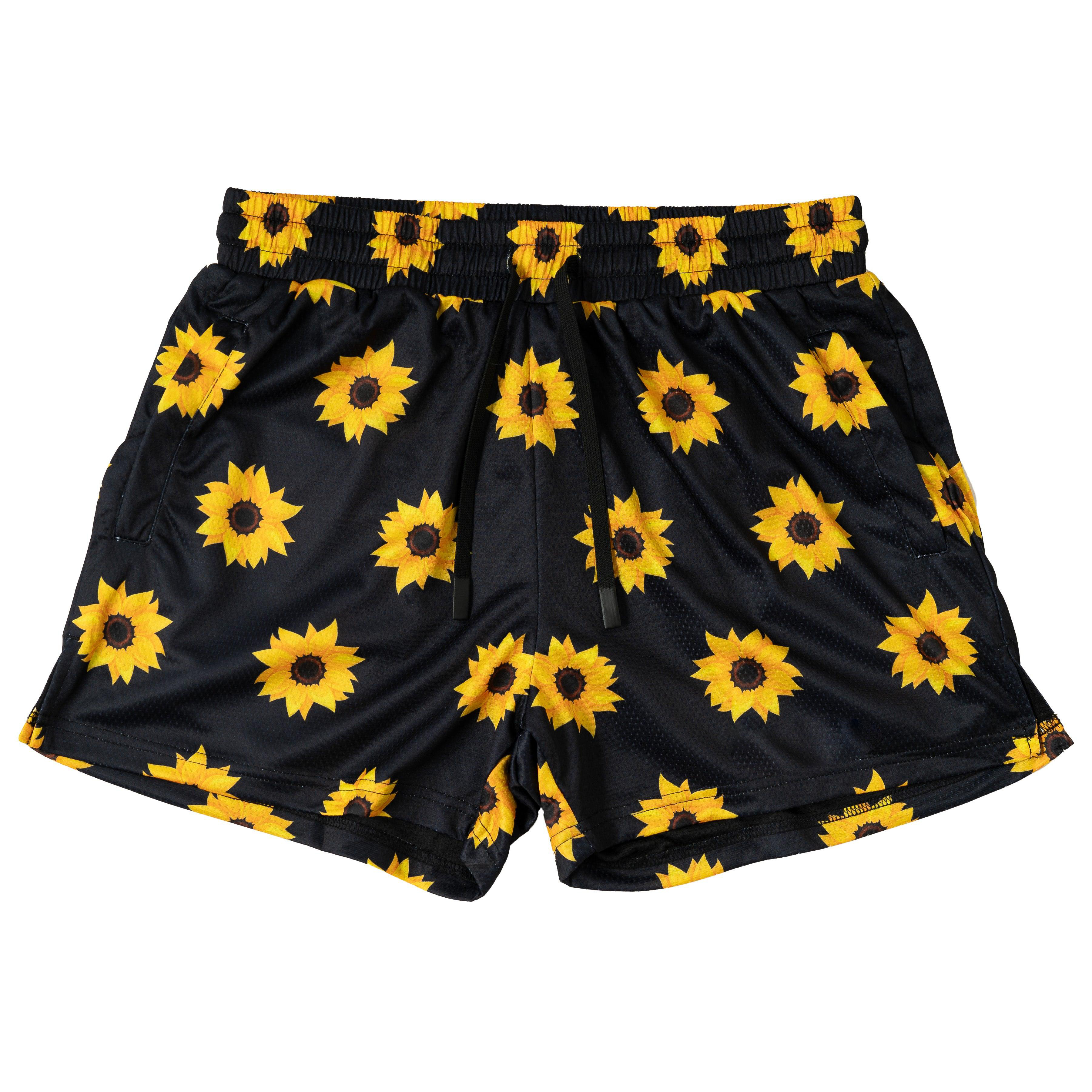 MUAY THAI SHORTS (MID THIGH CUT) SUNFLOWER - BLACK
