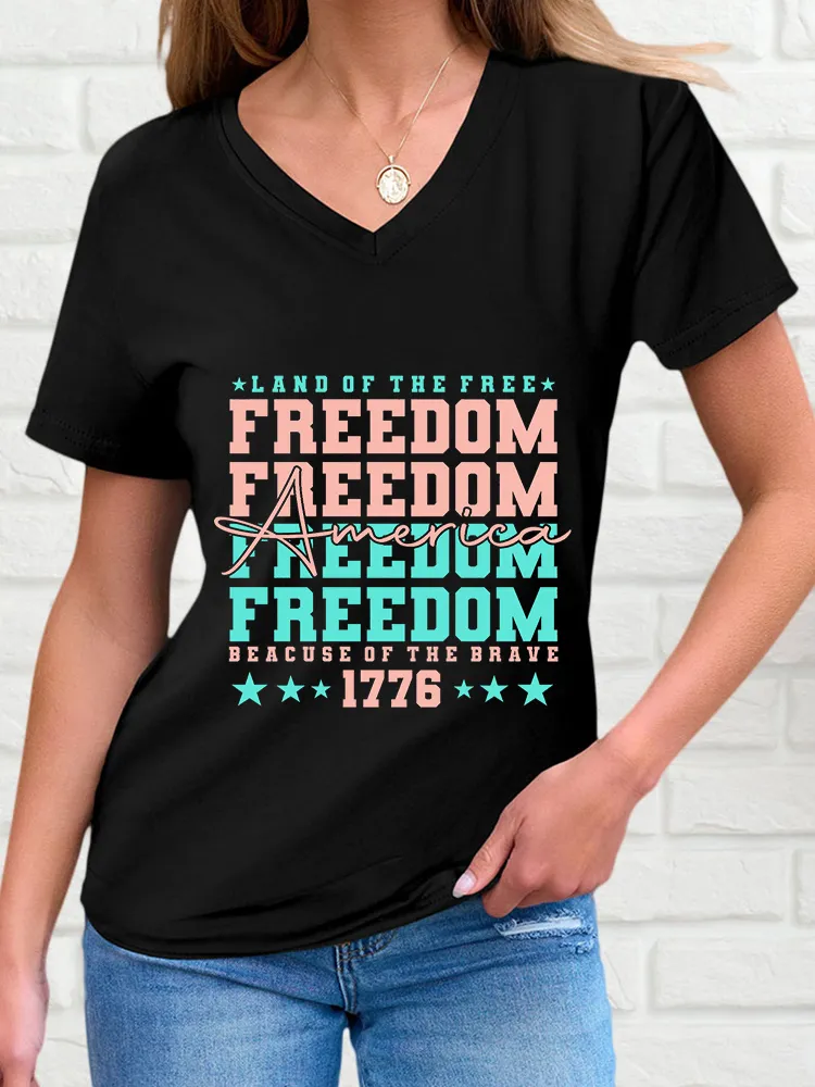 Woman'S America Freedom V-Neck And Short Sleeves T-Shirt