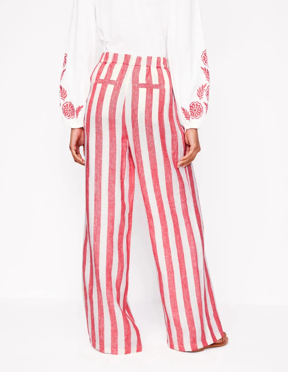 Pink and White Striped Wide - Leg Linen Pants