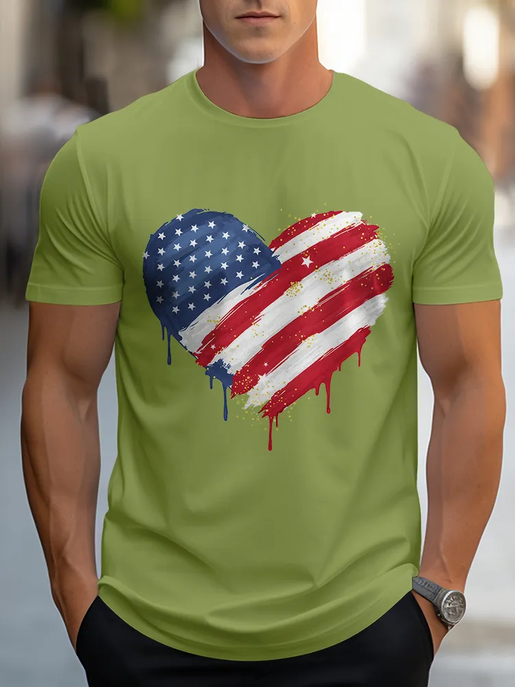 Man'S Star Stripe Heart Pattern Round-Neck Short-Sleeved T-Shirt