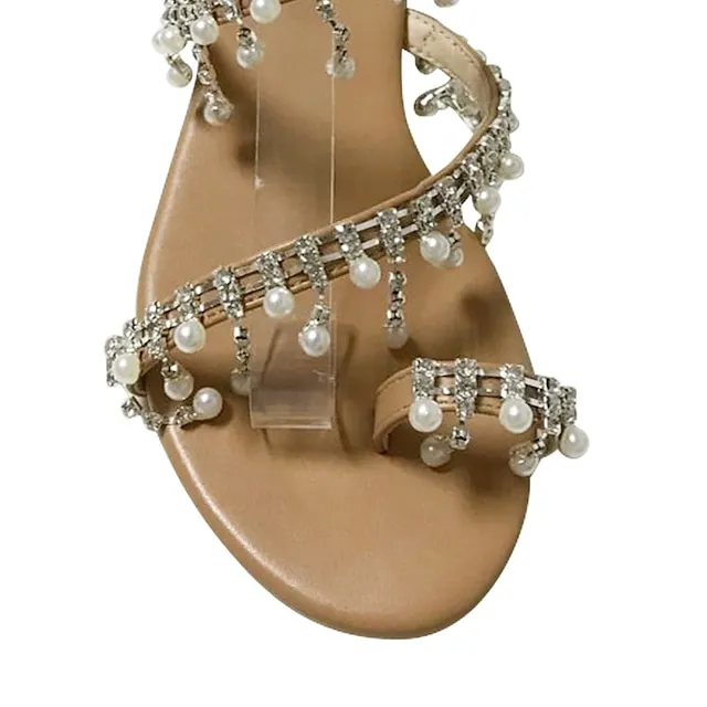 Women's Sandals Boho Bohemia Beach Plus Size Wedding Party Outdoor Summer Imitation Pearl Flat Heel Open Toe Cute Elegant Casual Faux Leather Loafer Brown