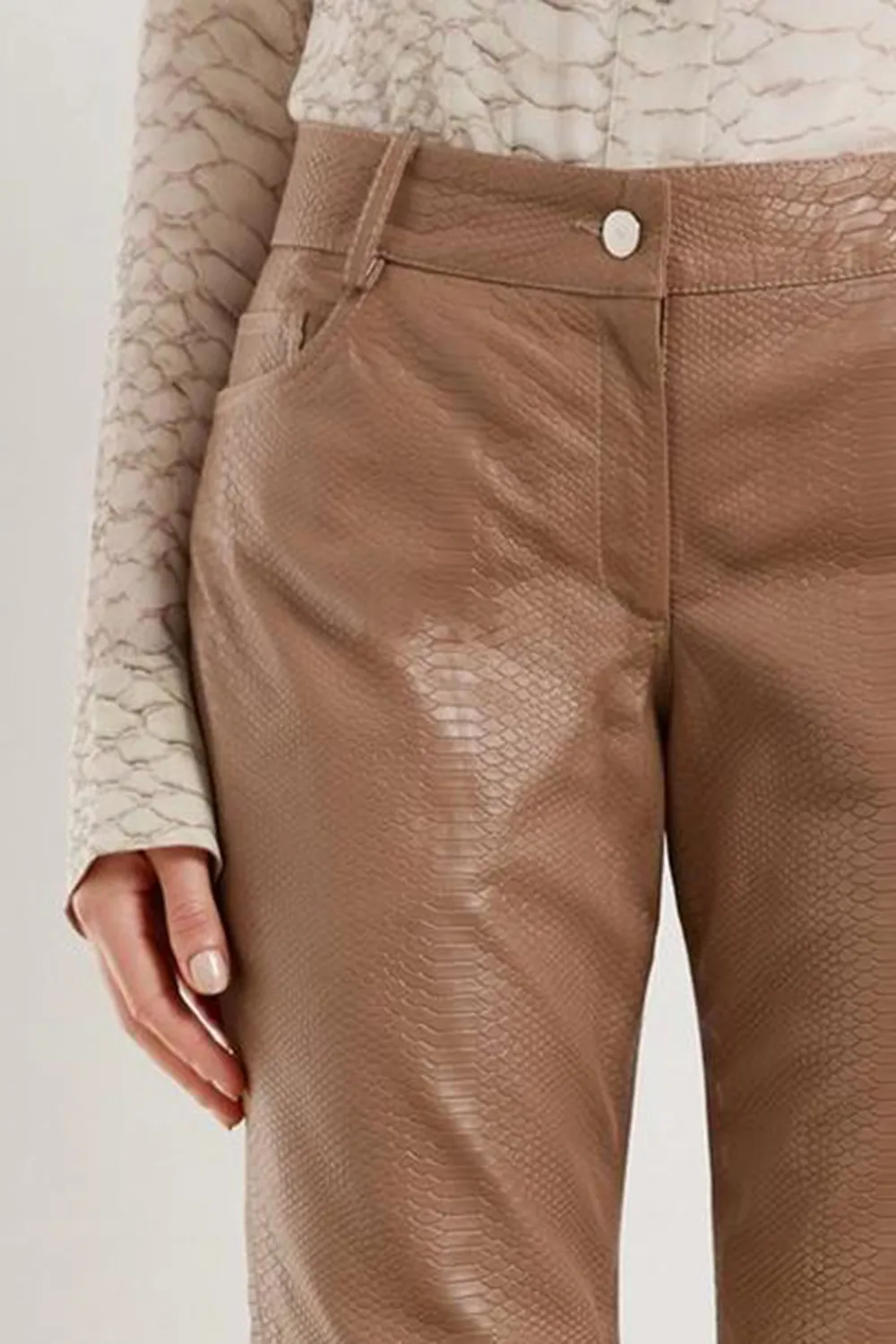 Snake Print Leather Slim Leg Low Rise Trousers