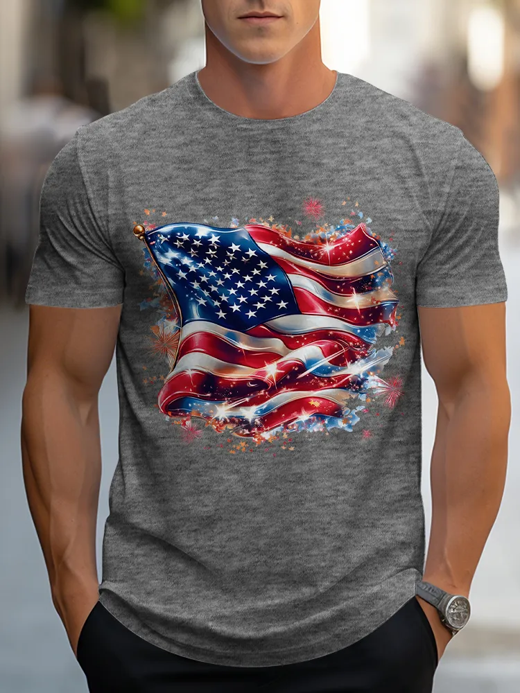 Man'S Stars And Stripes Print Round-Neck Short-Sleeved T-Shirt