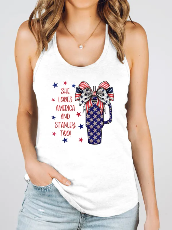 Women'S She Loues America And Stanley Too Print Round-Necked Sleeveless Vest