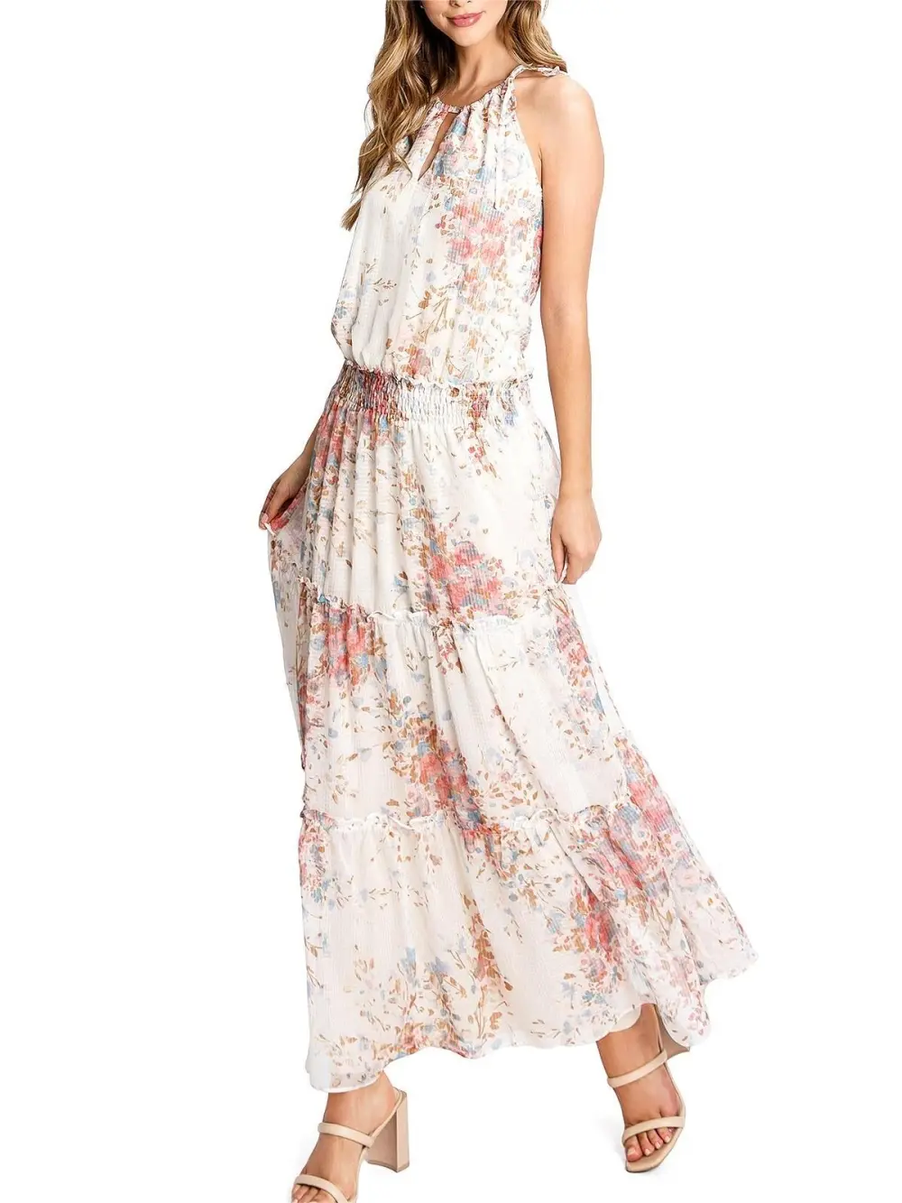 White Floral Print Halter Maxi Dress
