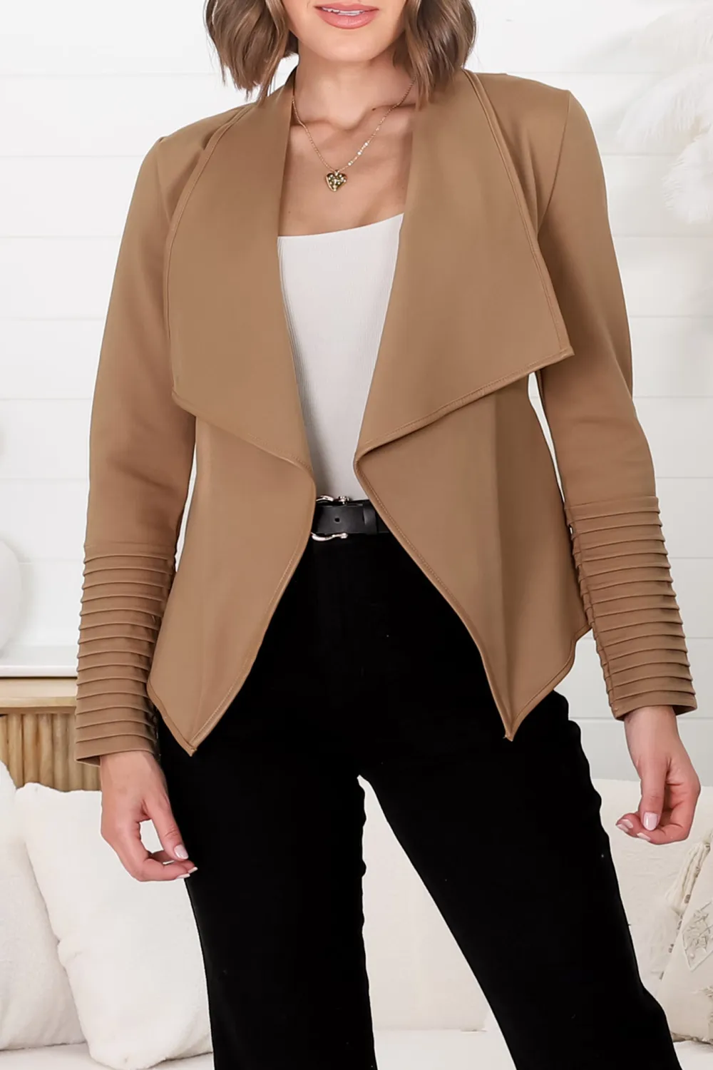 Camel Draped Open Front Jacket