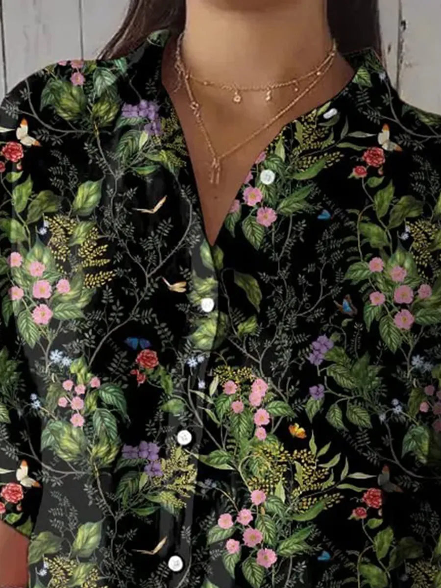 Women's Casual Forest Floral Cotton And Linen Shirt