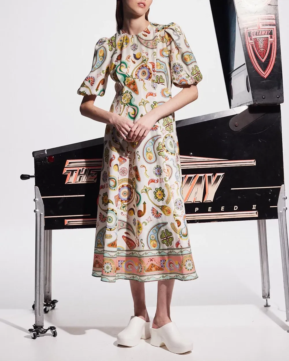 Print Puff Sleeves Midi Dresses
