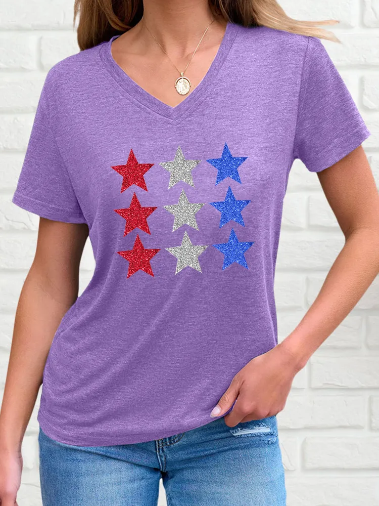 Woman'S Star Print V-Neck And Short Sleeves T-Shirt