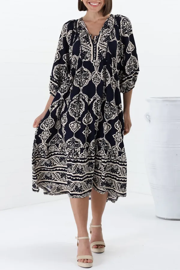 Navy Patterned Lantern Sleeve Midi Dress