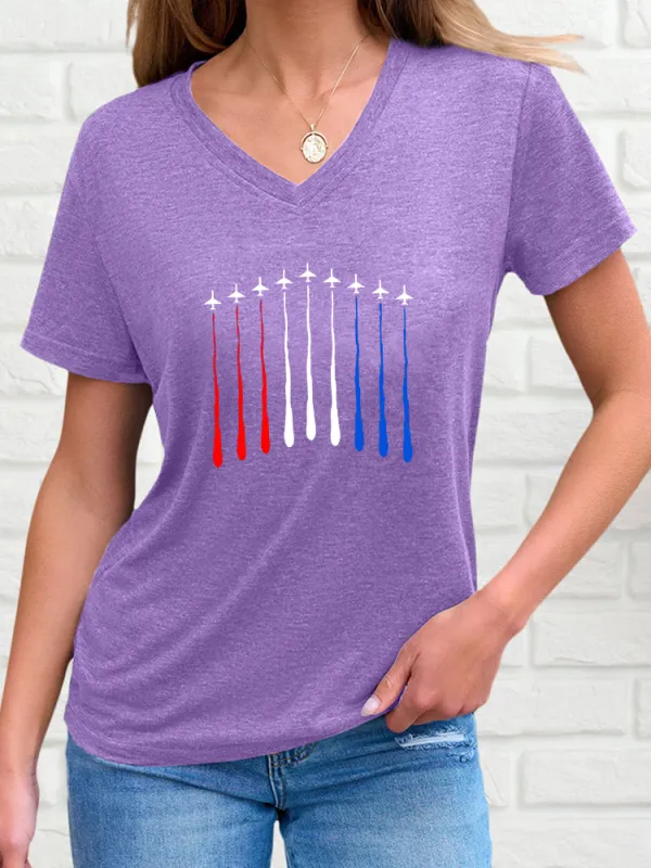 Woman'S Airplane Smoke-Pulling Performance Print V-Neck And Short Sleeves T-Shirt
