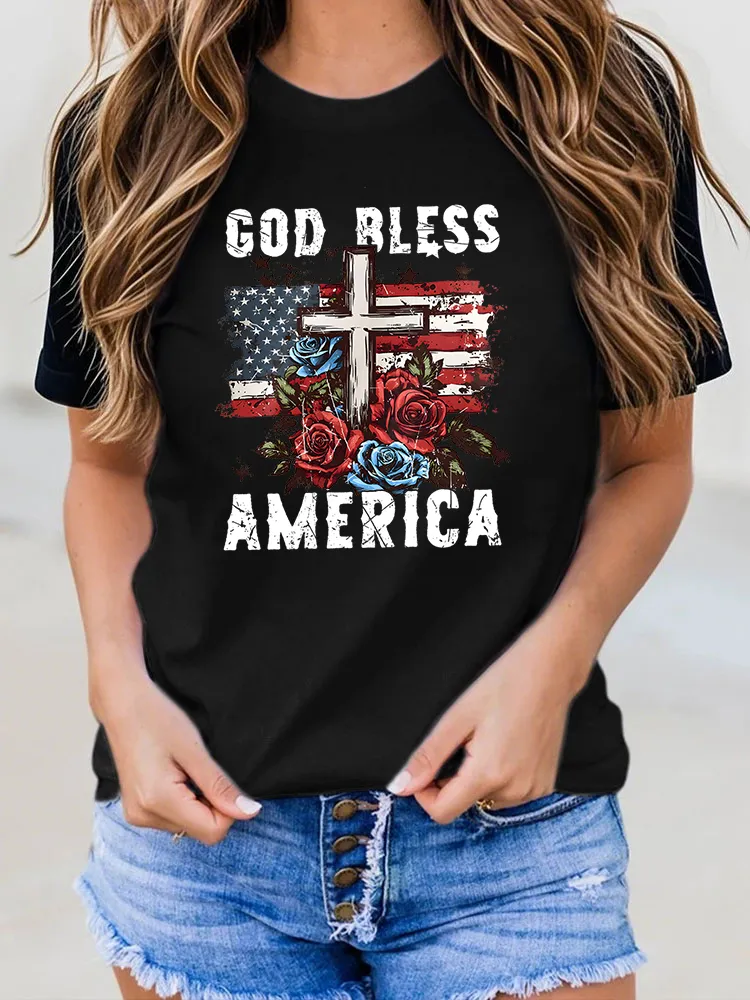 Woman'S God Bless America Round-Neck Short-Sleeved T-Shirt
