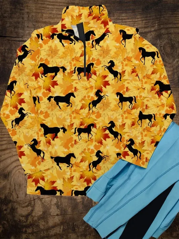 Four Seasons Women's Equestrian Style Horse Print Long Sleeve Casual Shirt
